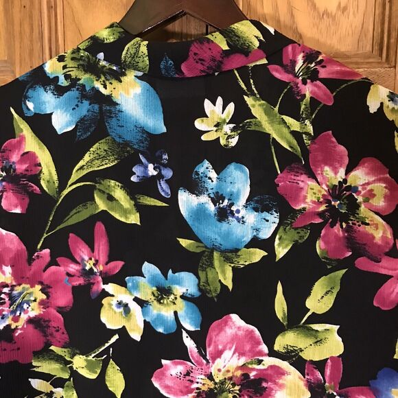 Alfred Dunner Women's 16 Black Floral Blouse Short Sleeve Button-Up Lined Top - Picture 5 of 7